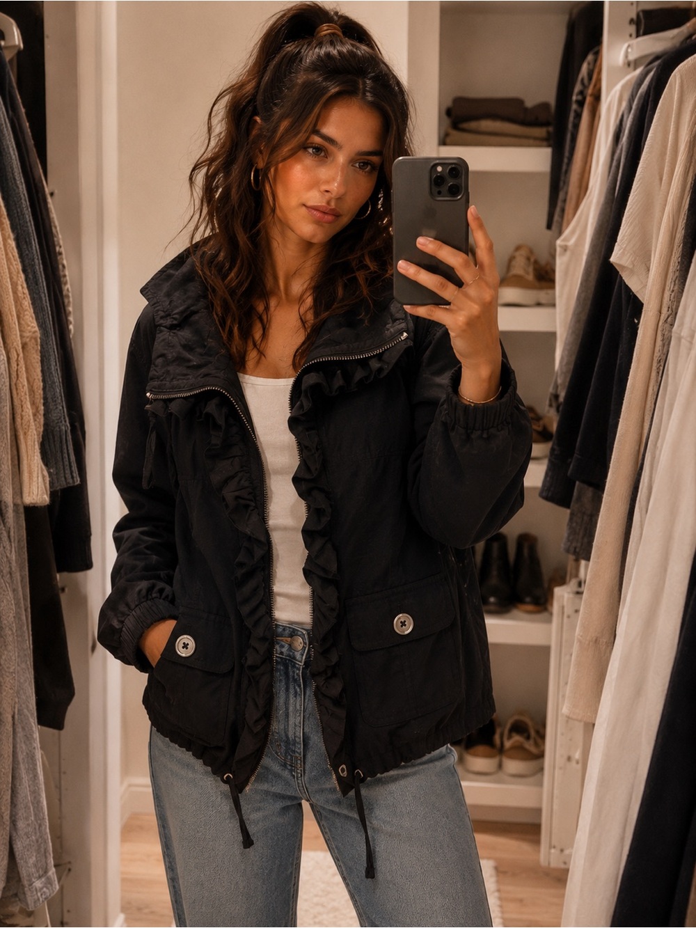 White House Black Market Black Ruffled Bomber Jacket - Size 2